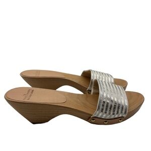 Kin and Kind Wedge Slide Sandals Women’s Size 7 Silver Beige Striped Boho Casual